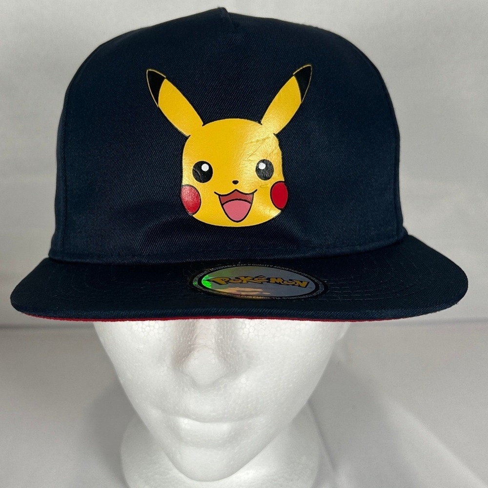 HM Pokemon Pikachu Navy Blue Snapback Hat Size 8-12Y Flat Brim Red Underbill
